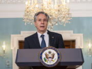 Secretary of State Antony Blinken speak during an event with Secretary of Commerce Gina Raimondo on the Economic Benefits of U.S. Travel and Tourism on Tuesday, Oct. 29, 2024 at the State Department in Washington.