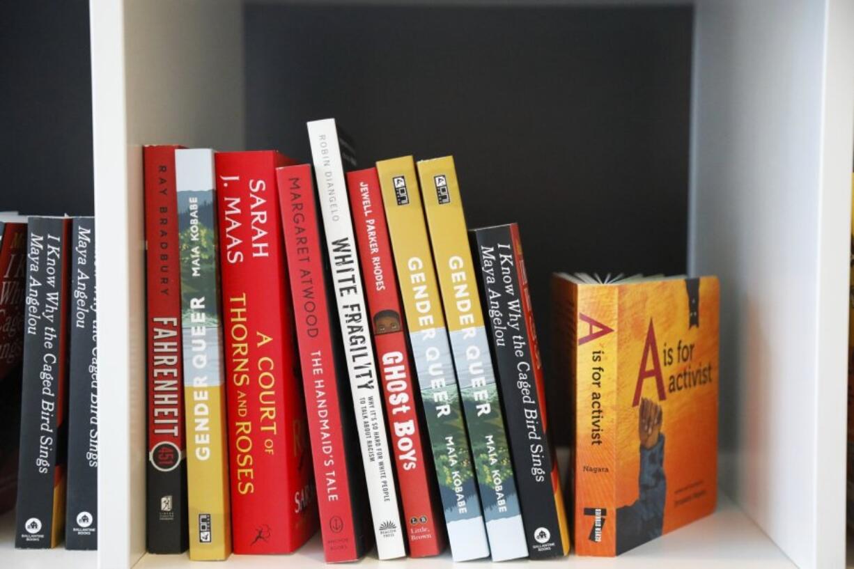 Books are displayed Feb. 18, 2023, at the Banned Book Library at American Stage in St. Petersburg, Fla.