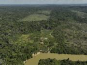 FILE - A river borders an area that has been illegally deforested by land-grabbers and cattle farmers in an extractive reserve in Jaci-Parana, Rondonia state, Brazil, July 11, 2023.