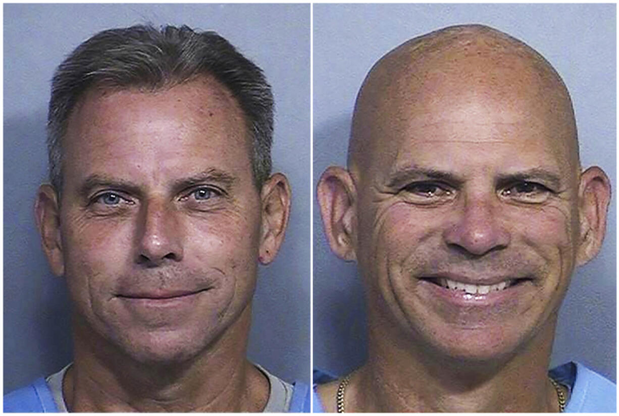 This combination of two booking photos provided by the California Department of Corrections shows Erik Menendez, left, and Lyle Menendez. (California Dept.