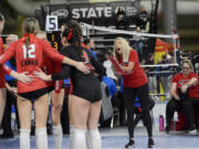 Camas head coach Michelle Ford encourages her team during a first-round match against Glacier Peak in the Class 4A state volleyball tournament on Friday, Nov. 22, 2024 in Yakima.