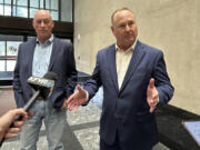 Summit Carbon Solutions CEO Lee Blank, right, talks to reporters, Friday, Nov. 15, 2024, at the state Capitol in Bismarck, N.D., after the state Public Service Commission approved a siting permit for the company&#039;s proposed North Dakota route of its planned five-state Midwest carbon dioxide pipeline. At left is Summit Chief Operating Officer Jimmy Powell.