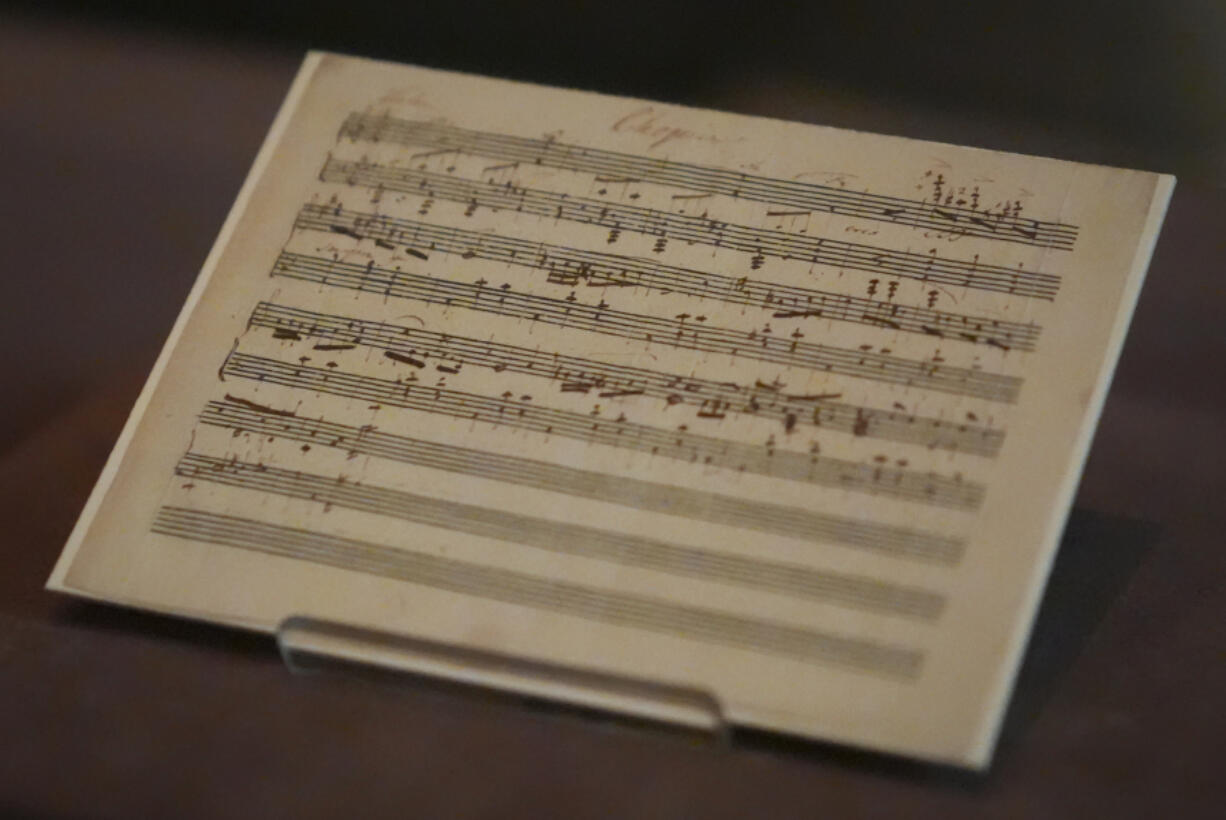 A previously unknown musical manuscript, possibly by Frederic Chopin, rests in a display case Nov. 13 after it was discovered at The Morgan Library &amp; Museum in New York.