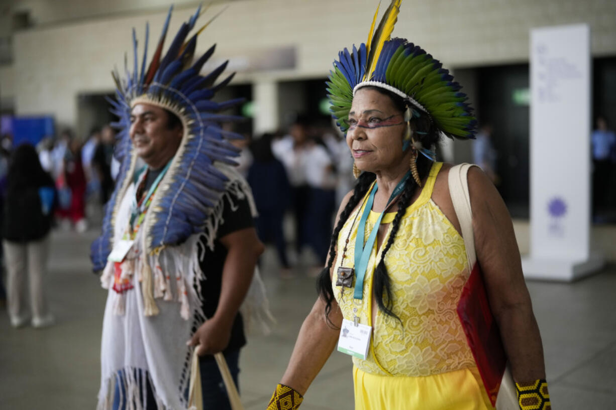 Members of Brazil&#039;s Indigenous delegation arrive to the opening ceremony of COP16, a United Nations&#039; biodiversity conference, in Cali, Colombia, Sunday, Oct. 20, 2024.