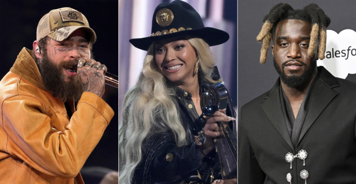 This combination of images shows recording artists, Post Malone, from left, Beyonc&eacute;, and Shaboozey.