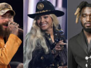 This combination of images shows recording artists, Post Malone, from left, Beyonc&eacute;, and Shaboozey.