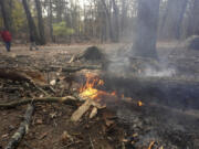 People walk along a path near flames on the forest floor, in Lynn Woods Reservation, Sunday, in Lynn, Mass.