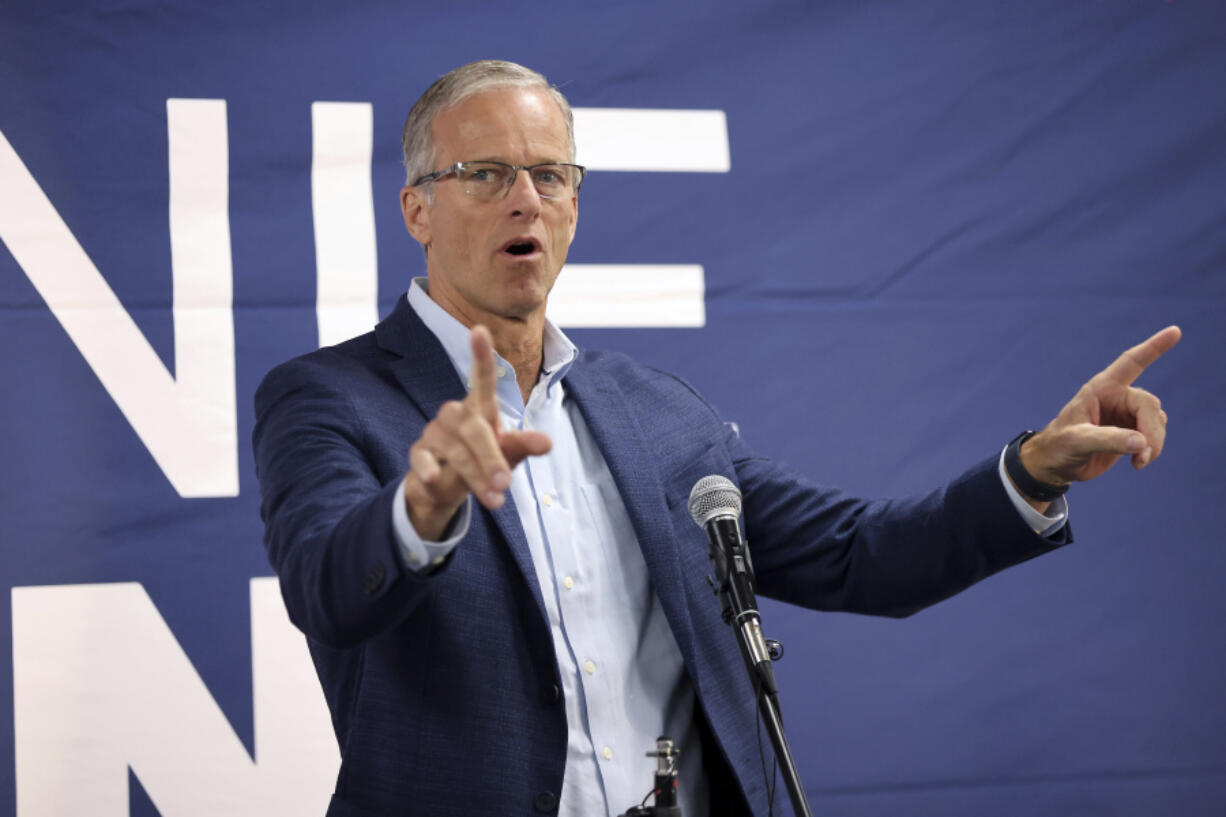 Sen. John Thune of South Dakota, speaks in support of Ohio Republican candidate for the United States Senate, Bernie Moreno (not pictured) during a bus tour stop for the Ohio Senate race in Columbus, Ohio, Monday, Oct. 28, 2024.