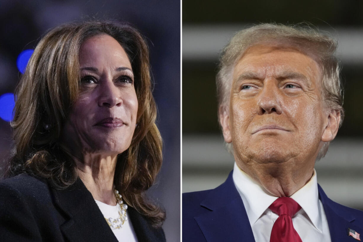 This combination of file photos shows Democratic presidential nominee Vice President Kamala Harris, left, speaking at a campaign rally in Charlotte, N.C., on Sept. 12, 2024, 2024, and Republican presidential nominee former President Donald Trump speaking a town hall campaign event in Warren, Mich., on Sept. 27, 2024.