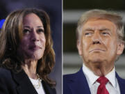 This combination of file photos shows Democratic presidential nominee Vice President Kamala Harris, left, speaking at a campaign rally in Charlotte, N.C., on Sept. 12, 2024, 2024, and Republican presidential nominee former President Donald Trump speaking a town hall campaign event in Warren, Mich., on Sept. 27, 2024.