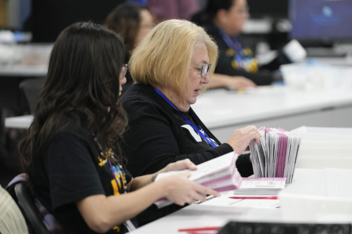 Election workers process ballots at the Washoe County Registrar of Voters Office, Tuesday, Nov. 5, 2024, in Reno, Nev. (AP Photo/Godofredo A.