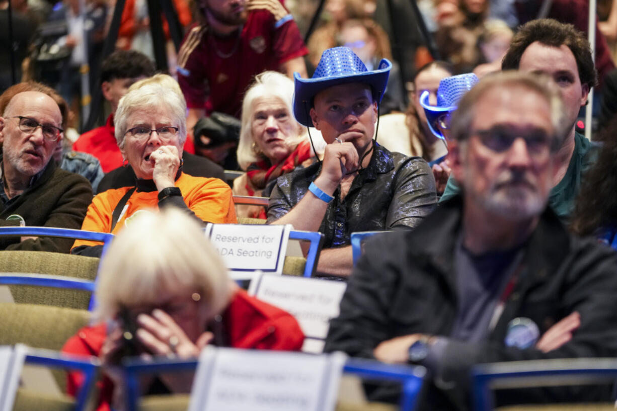 Attendees react to a news broadcast showing results at the Washington State Democrats watch party on Election Day, Tuesday, Nov. 5, 2024, in Seattle.