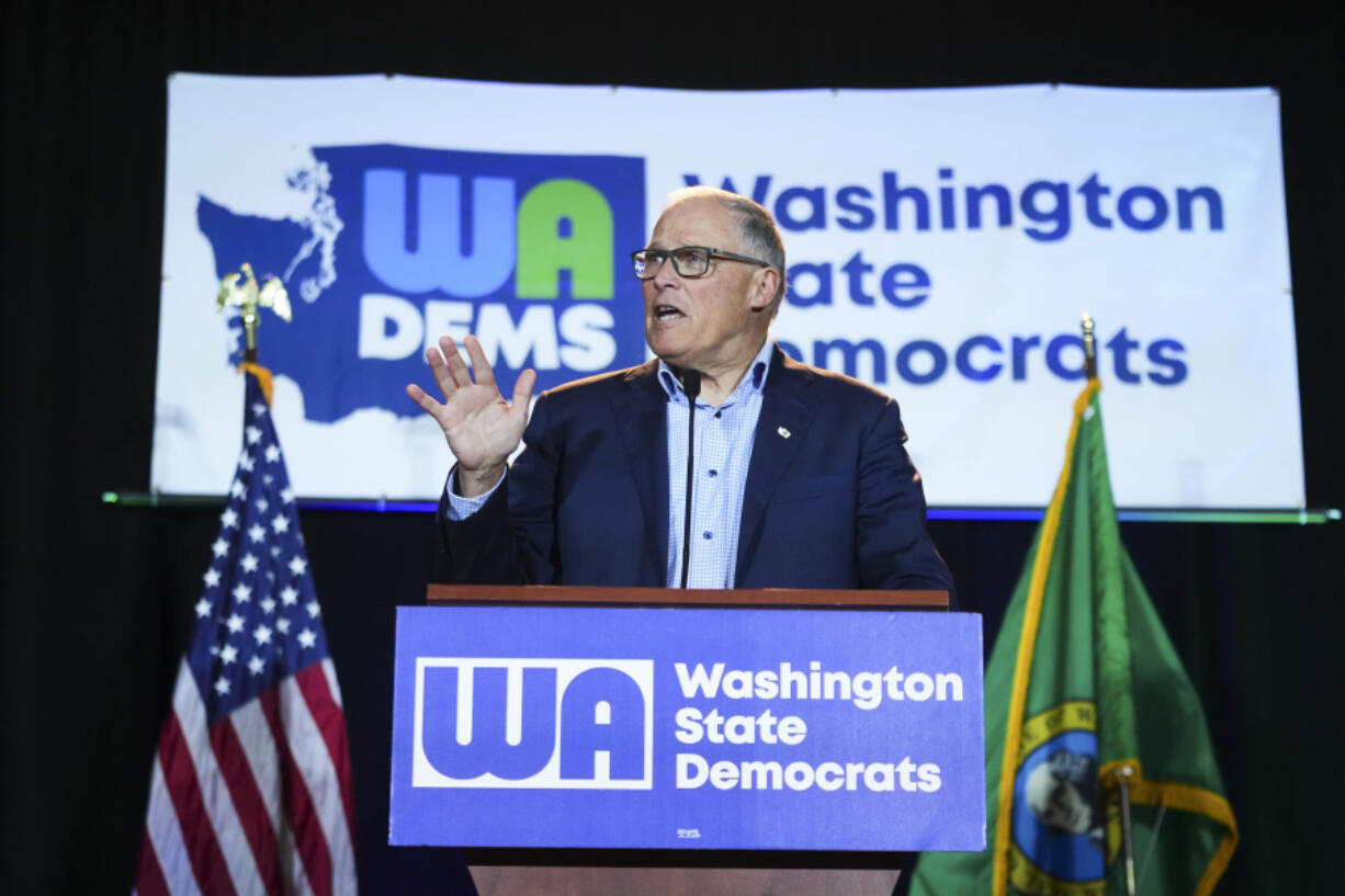 Washington Gov. Jay Inslee speaks at the Washington State Democrats watch party on Election Day, Tuesday, Nov. 5, 2024, in Seattle.