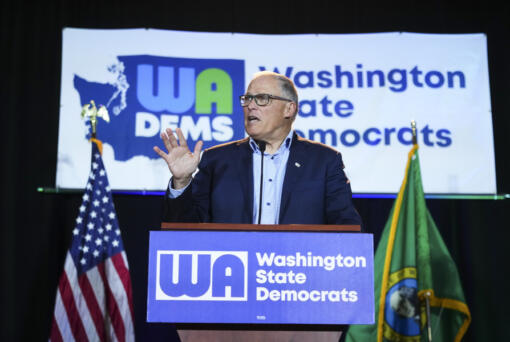 Washington Gov. Jay Inslee speaks at the Washington State Democrats watch party on Election Day, Tuesday, Nov. 5, 2024, in Seattle.