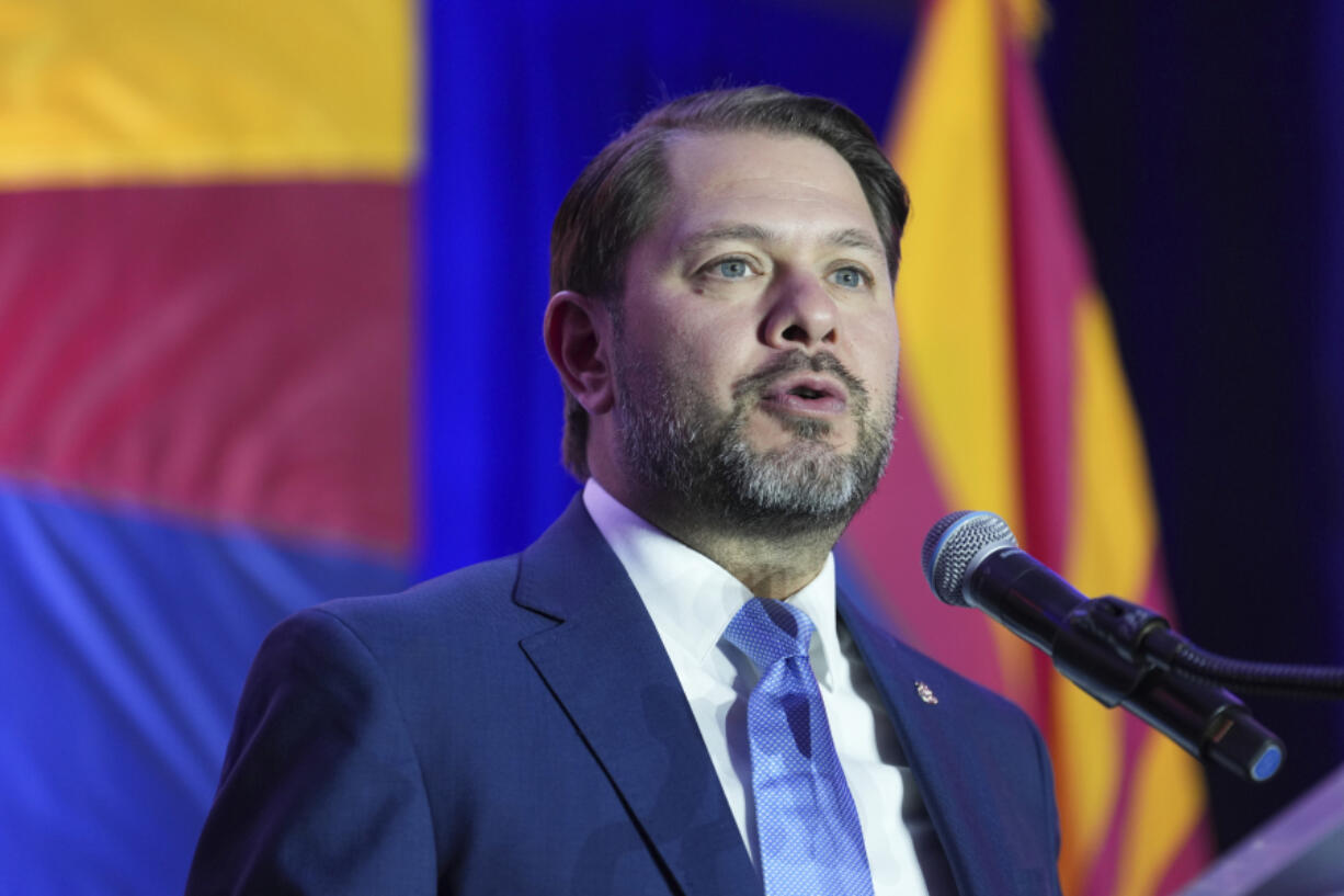 Arizona Democratic Senate candidate Rep. Ruben Gallego, D-Ariz., speaks during a watch party on election night Tuesday, Nov. 5, 2024, in Phoenix. (AP Photo/Ross D.