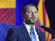 Arizona Democratic Senate candidate Rep. Ruben Gallego, D-Ariz., speaks during a watch party on election night Tuesday, Nov. 5, 2024, in Phoenix. (AP Photo/Ross D.