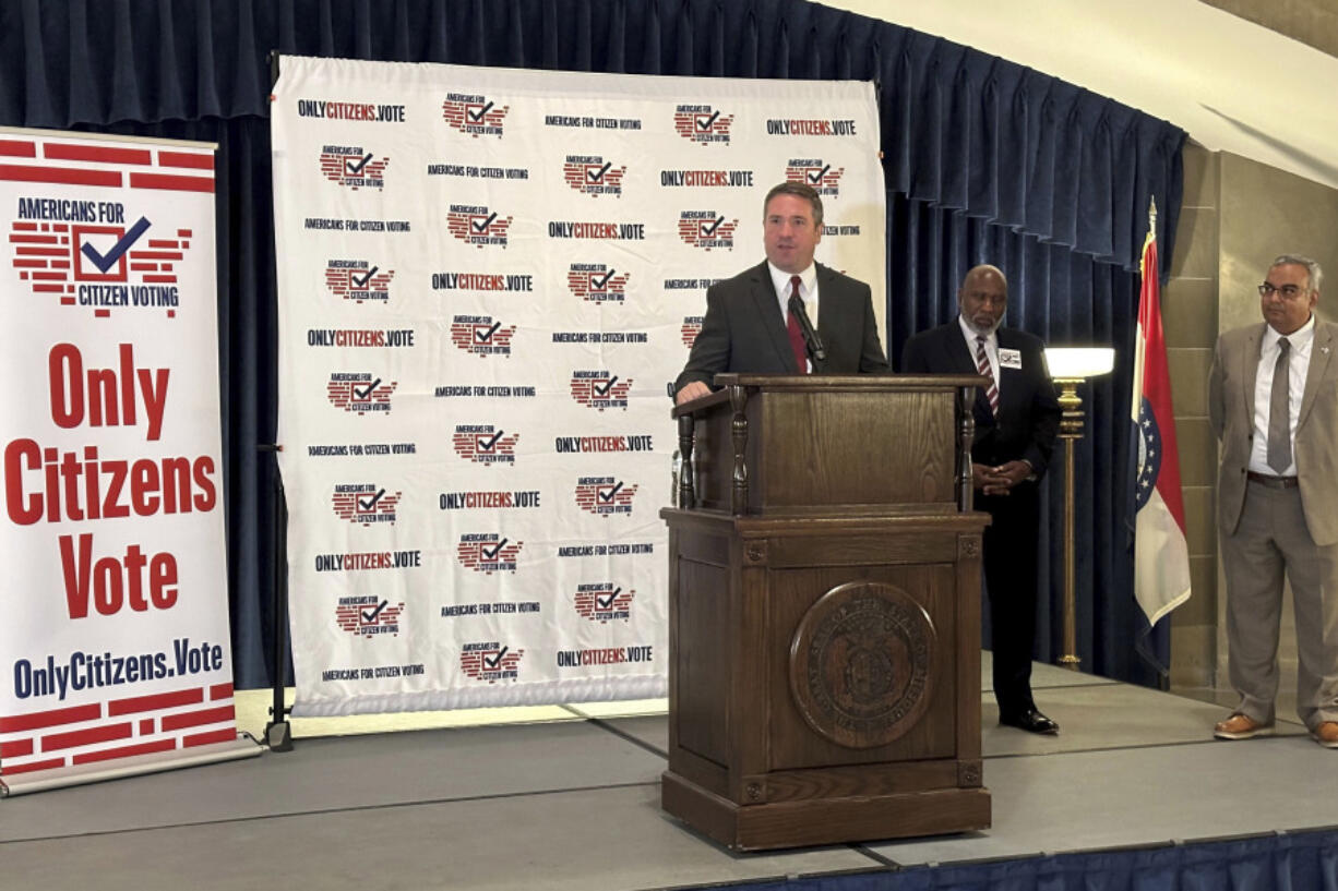 Missouri Attorney General Andrew Bailey speaks in support of a state constitutional amendment limiting voting to only U.S. citizens during a press conference, Oct. 10, 2024, at the state Capitol in Jefferson City, Mo. (AP Photo/David A.