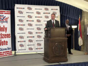 Missouri Attorney General Andrew Bailey speaks in support of a state constitutional amendment limiting voting to only U.S. citizens during a press conference, Oct. 10, 2024, at the state Capitol in Jefferson City, Mo. (AP Photo/David A.