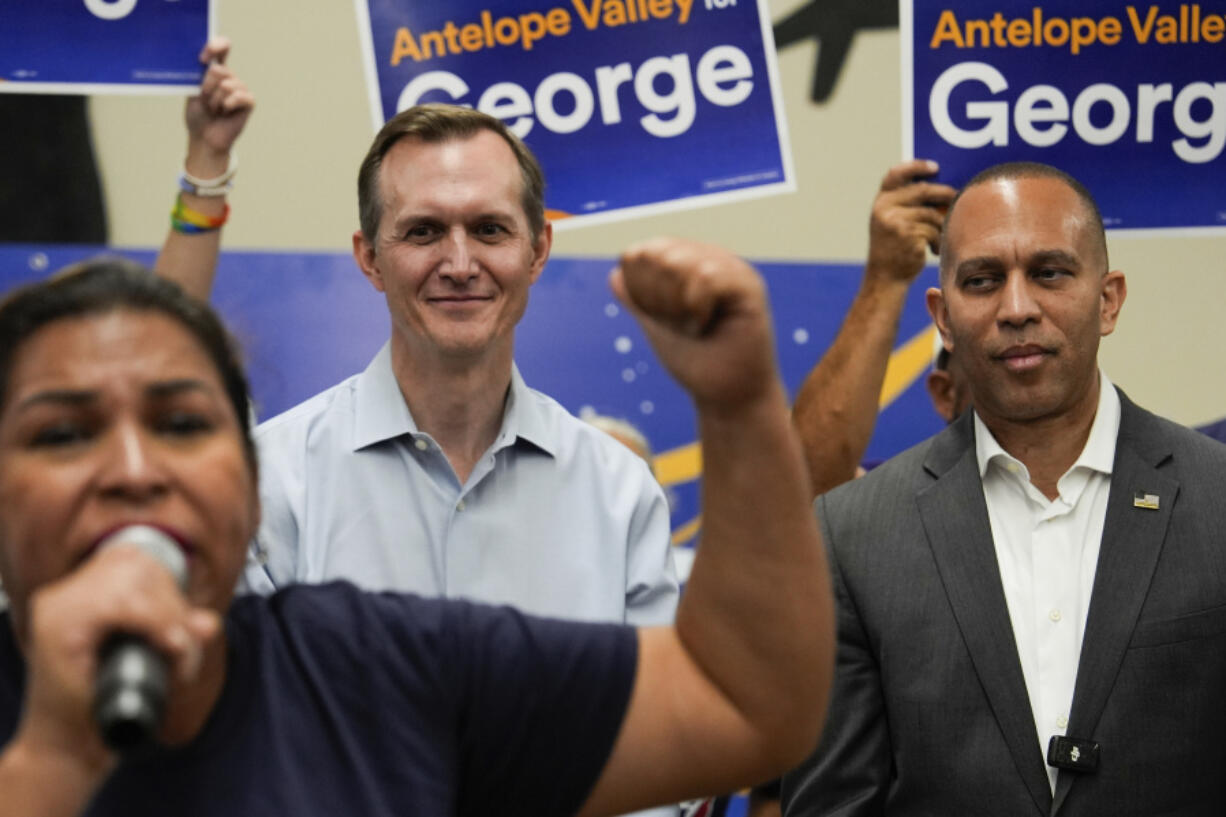 House Minority Leader Hakeem Jeffries, D-N.Y., right, and George Whitesides attend a canvass launch campaign event, Sunday, Oct. 13, 2024, in Palmdale, Calif.