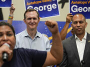 House Minority Leader Hakeem Jeffries, D-N.Y., right, and George Whitesides attend a canvass launch campaign event, Sunday, Oct. 13, 2024, in Palmdale, Calif.