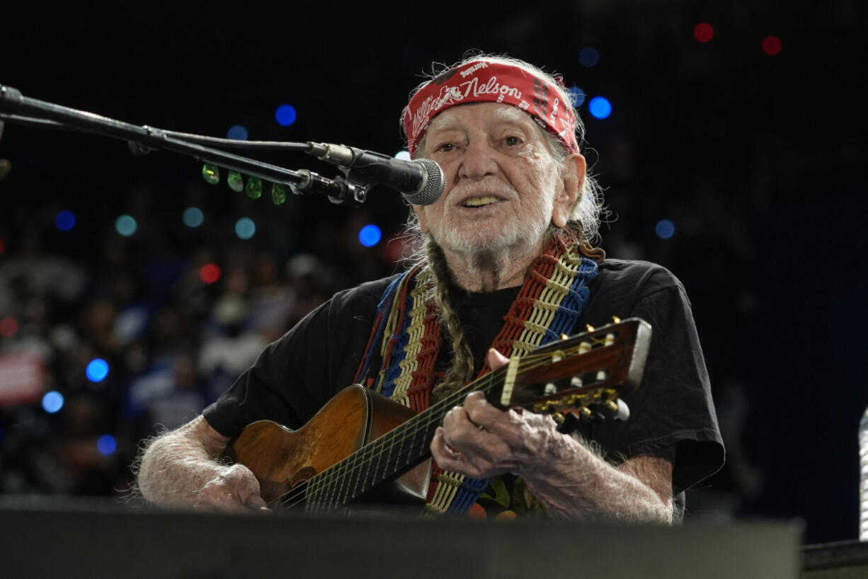 Musician Willie Nelson performs Oct. 25 ahead of an event for Democratic presidential nominee Vice President Kamala Harris at a rally in Houston.