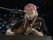 Musician Willie Nelson performs Oct. 25 ahead of an event for Democratic presidential nominee Vice President Kamala Harris at a rally in Houston.