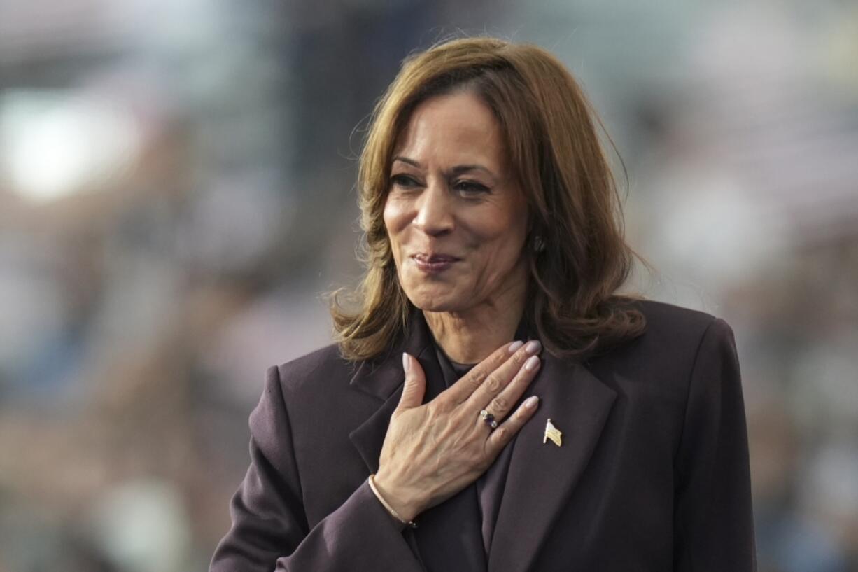 Vice President Kamala Harris gestures as she delivers a concession speech for the 2024 presidential election, Wednesday, Nov. 6, 2024, on the campus of Howard University in Washington.