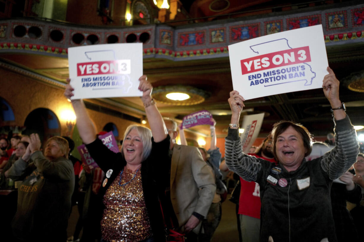 People at an election night watch party react after an abortion rights amendment to the Missouri constitution passed, Tuesday, Nov. 5, 2024, in Kansas City, Mo.