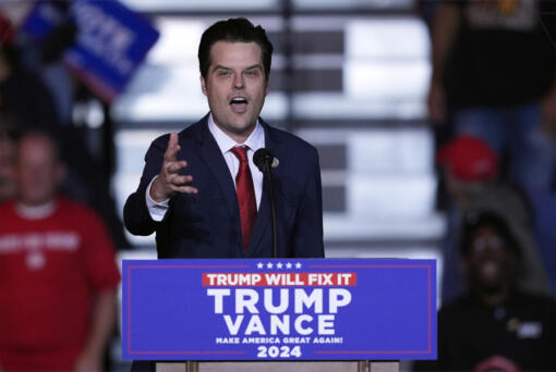 Rep. Matt Gaetz, R-Fla., speaks before Republican presidential nominee former President Donald Trump speaks at a campaign rally at Lee&rsquo;s Family Forum, Thursday, Oct. 31, 2024, in Henderson, Nev.