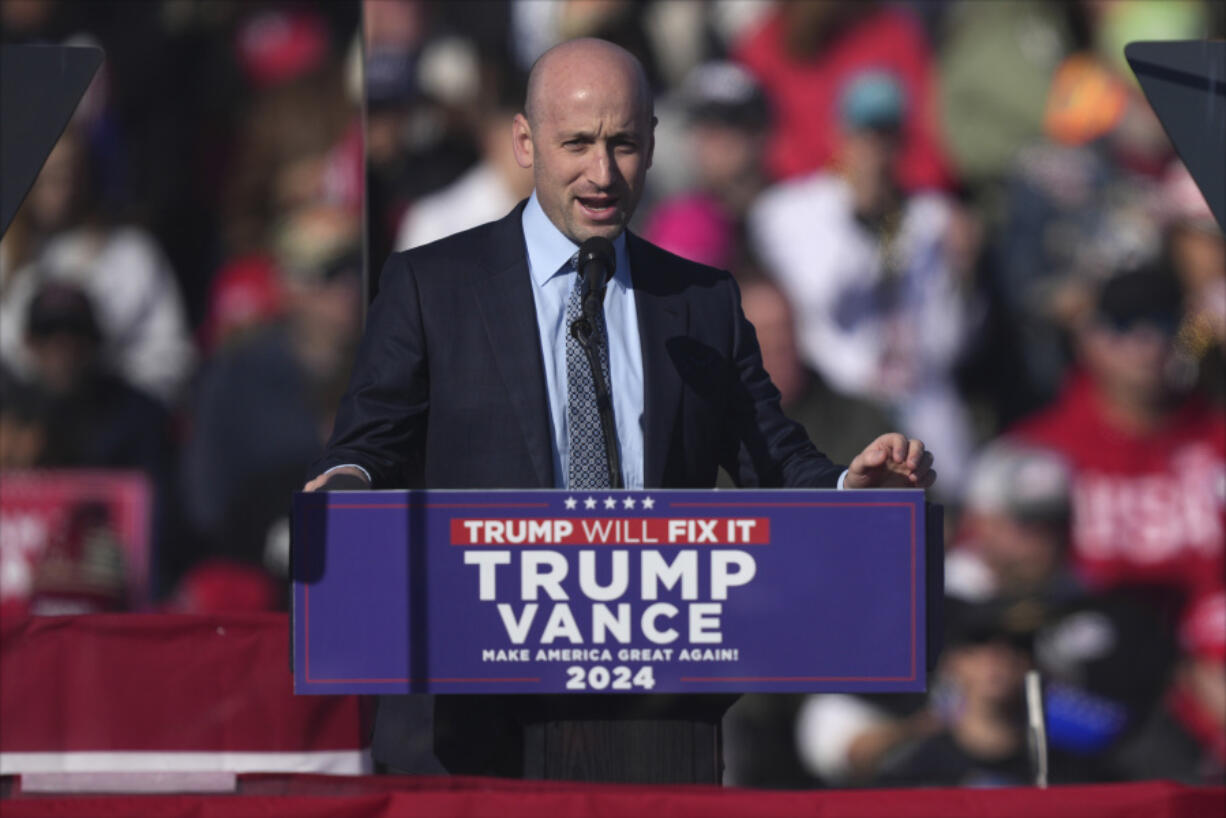 Stephen Miller speaks before Republican presidential nominee former President Donald Trump at a campaign rally in Lititz, Pa., Sunday, Nov. 3, 2024.