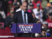 Stephen Miller speaks before Republican presidential nominee former President Donald Trump at a campaign rally in Lititz, Pa., Sunday, Nov. 3, 2024.