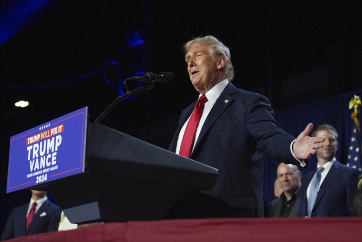 Republican presidential nominee former President Donald Trump speaks at an election night watch party at the Palm Beach Convention Center, Wednesday, Nov. 6, 2024, in West Palm Beach, Fla.