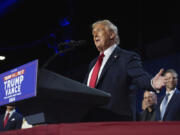 Republican presidential nominee former President Donald Trump speaks at an election night watch party at the Palm Beach Convention Center, Wednesday, Nov. 6, 2024, in West Palm Beach, Fla.