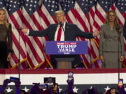 Republican presidential nominee former President Donald Trump speaks at an election results watch party as his commanding victory over Kamala Harris is apparent on Wednesday, Nov. 6, 2024, in West Palm Beach, Fla.