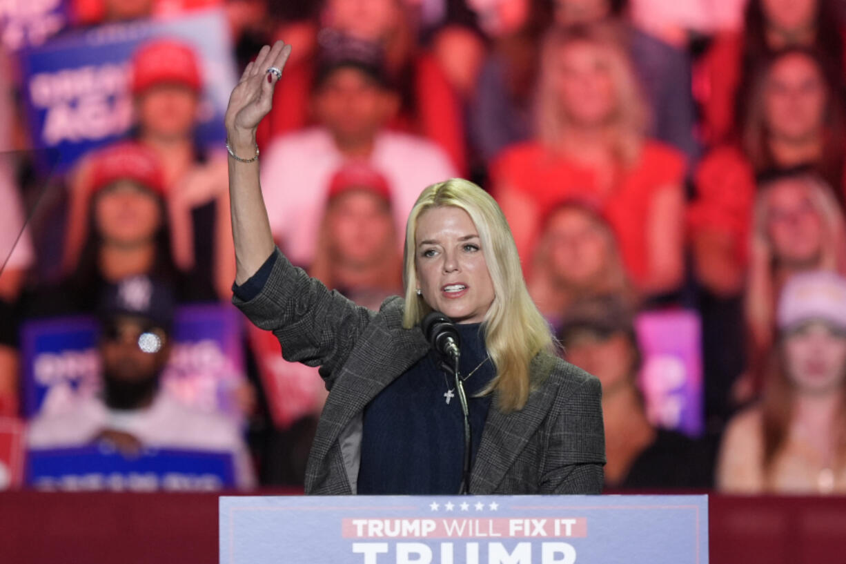 Former Florida Attorney General Pam Bondi, speaks before Republican presidential nominee former President Donald Trump arrives to speak at a campaign rally at First Horizon Coliseum, Saturday, Nov. 2, 2024, in Greensboro, NC.