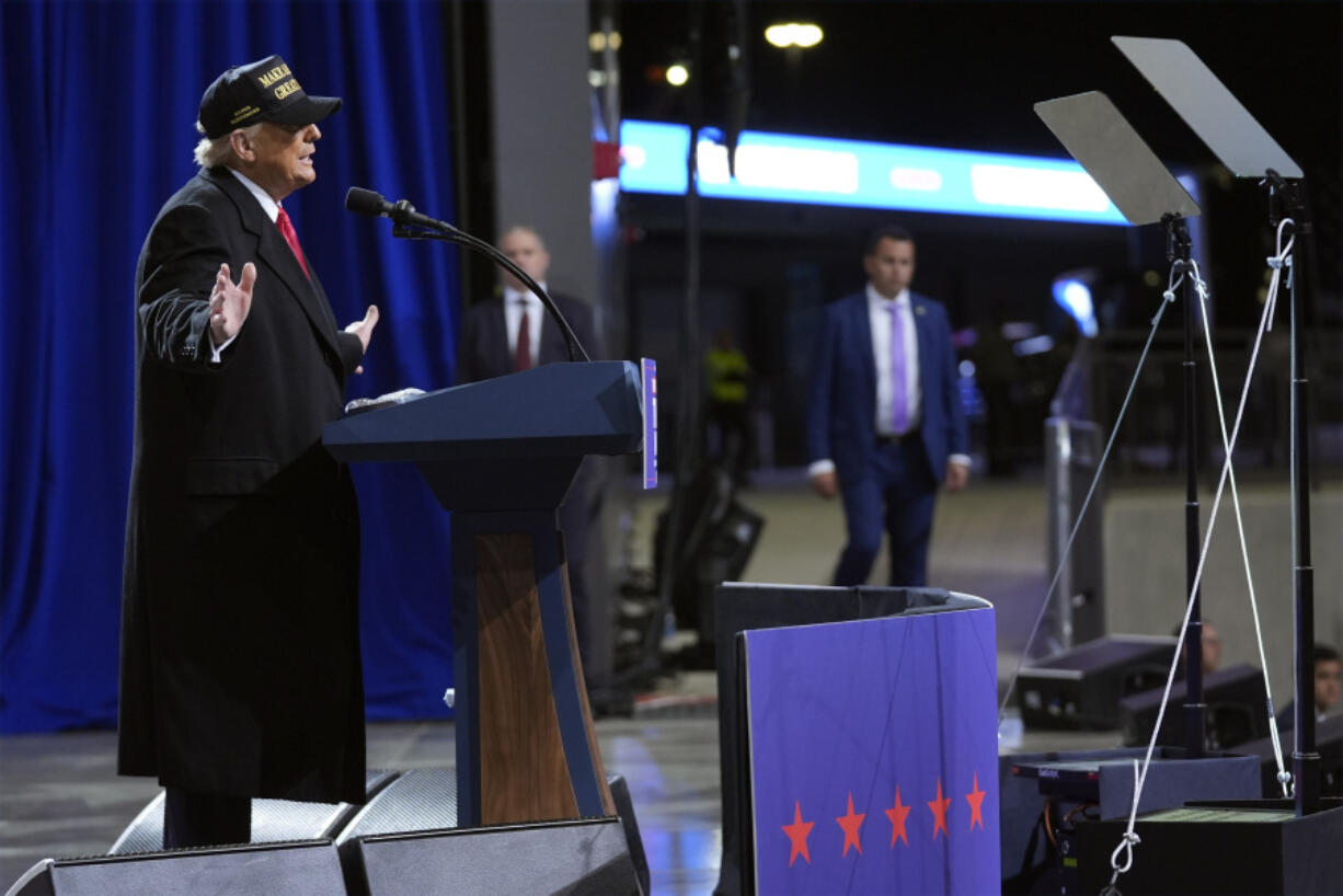 Republican presidential nominee former President Donald Trump speaks at a campaign rally at Atrium Health Amphitheater, Sunday, Nov. 3, 2024, in Macon, Ga.