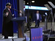 Republican presidential nominee former President Donald Trump speaks at a campaign rally at Atrium Health Amphitheater, Sunday, Nov. 3, 2024, in Macon, Ga.