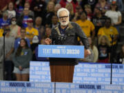 Actor Bradley Whitford speaks at a campaign event before Democratic vice presidential nominee Minnesota Gov. Tim Walz and former President Barack Obama, Tuesday, Oct. 22, 2024, in Madison, Wis.