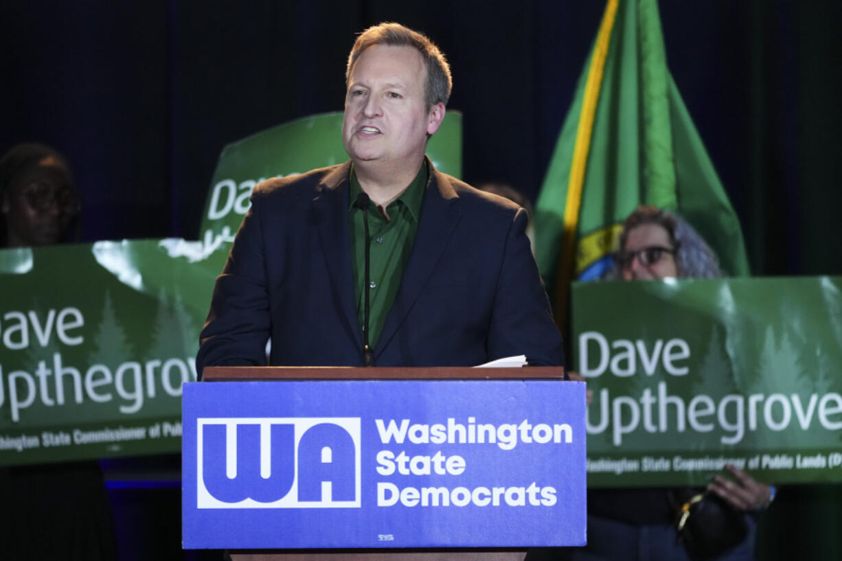 Washington Democratic Commissioner of Public Lands candidate Dan Upthegrove speaks at the Washington State Democrats watch party on Election Day, Tuesday, Nov. 5, 2024, in Seattle.