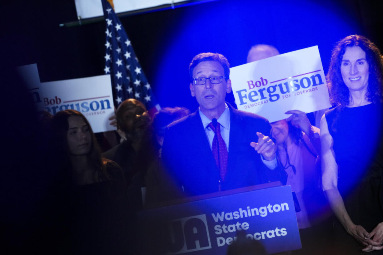 Democratic Washington gubernatorial candidate Attorney General Bob Ferguson speaks at the Washington State Democrats watch party on Election Day, Tuesday, Nov. 5, 2024, in Seattle.