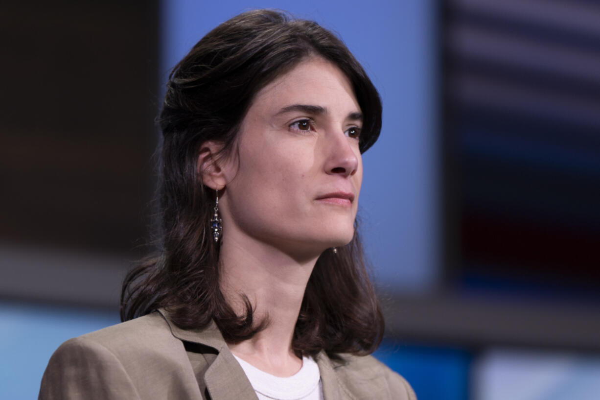 FILE - Rep. Marie Gluesenkamp P&eacute;rez, D-Wash., listens during a Washington 3rd District debate at KATU studios on Monday, Oct. 7, 2024, in Portland, Ore.