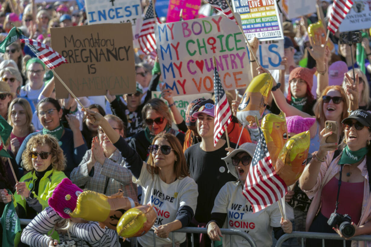 Demonstrator protest during the national Women&rsquo;s March at Freedom Plaza in Washington, Saturday, Nov. 2, 2024.