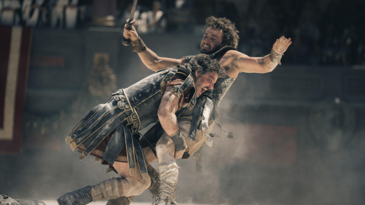 This image released by Paramount Pictures shows Pedro Pascal, left, and Paul Mescal in a scene from &ldquo;Gladiator II.&rdquo;  (Aidan Monaghan/Paramount Pictures via AP)