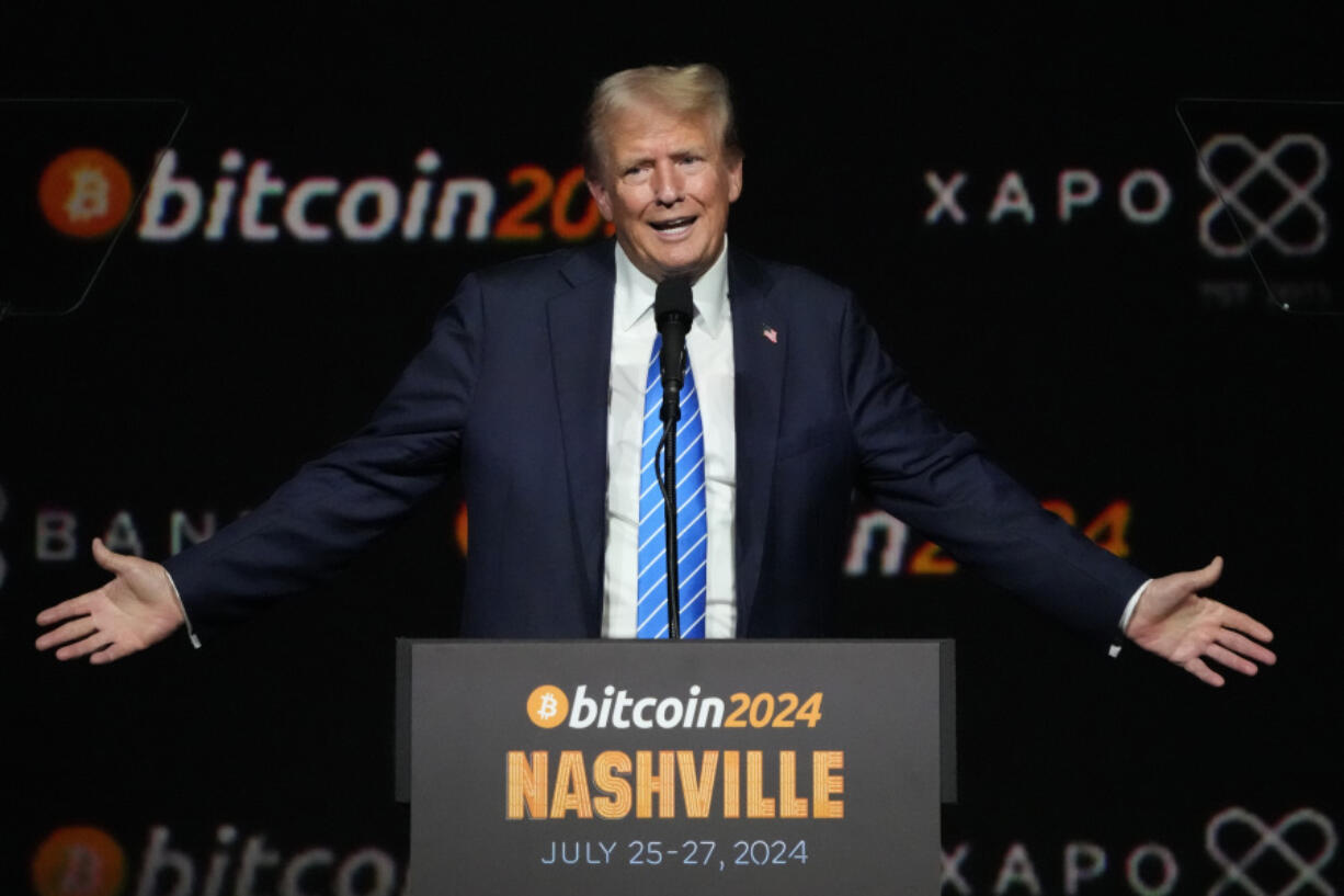 FILE -Republican presidential candidate former President Donald Trump speaks at the Bitcoin 2024 Conference, July 27, 2024, in Nashville, Tenn.