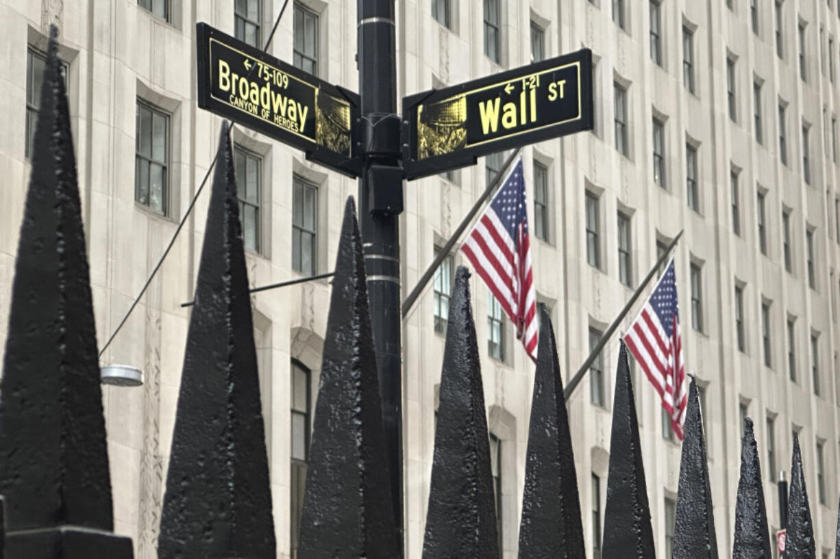 FILE - A sign marking the intersection of Broadway and Wall Street is shown in New York&rsquo;s Financial District on Oct. 30, 2024.