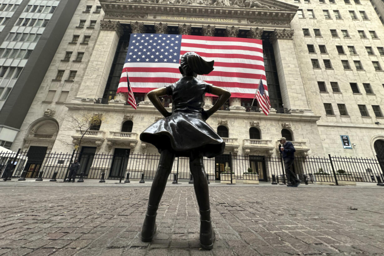 The Fearless Girl statue stands in front of the New York Stock Exchange in New York&rsquo;s Financial District on Tuesday, Nov. 5, 2024.