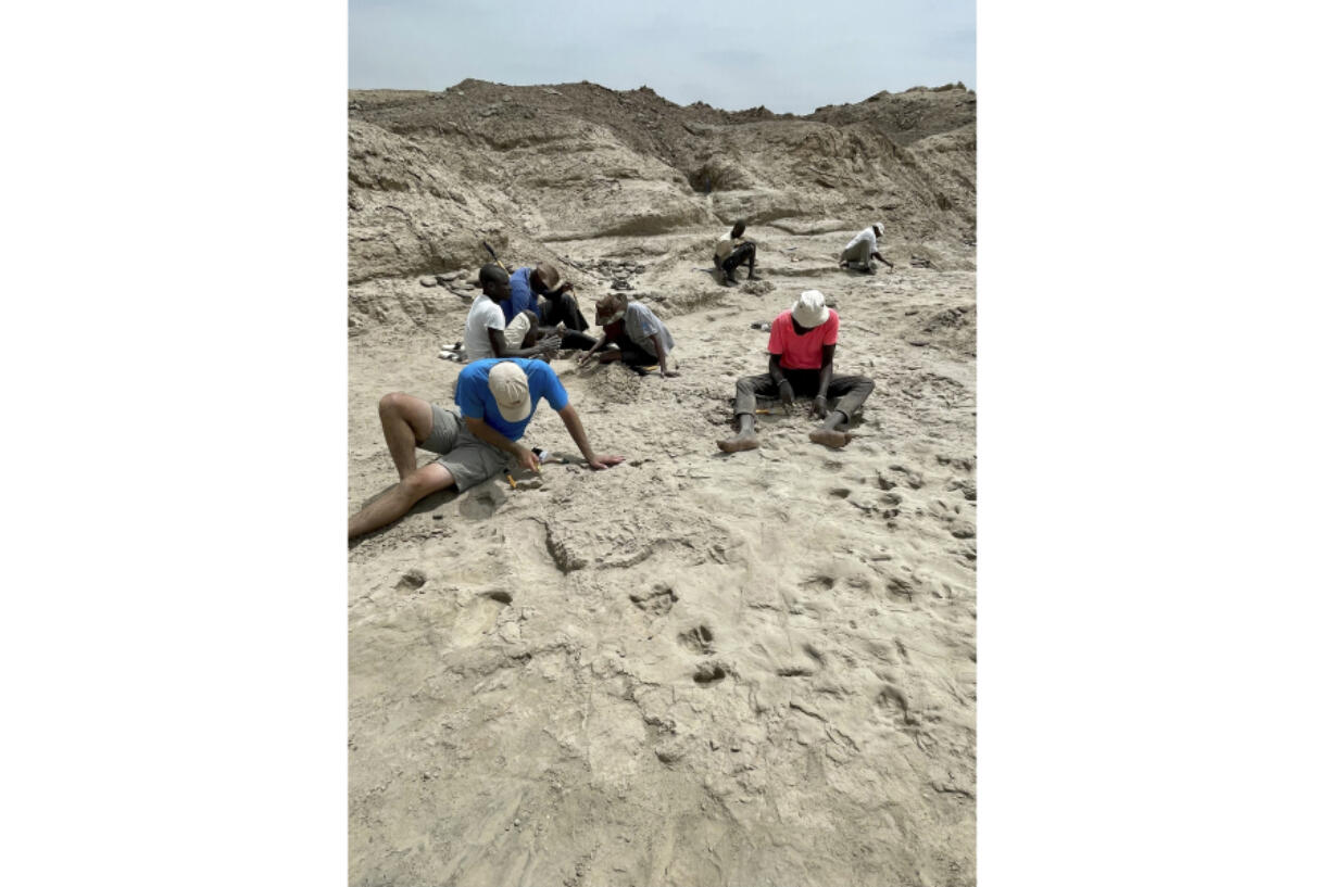 Scientists study fossil footprints for clues about co-existing species of early human ancestors at the excavation site on the eastern side of Lake Turkana in northern Kenya, in 2022.