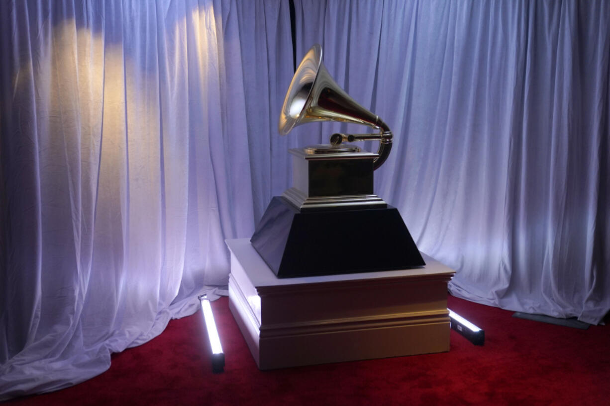 FILE - A view of a Grammy statue appears in the press room at the 65th annual Grammy Awards on Sunday, Feb. 5, 2023, in Los Angeles. (AP Photo/Jae C.