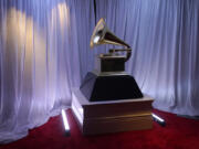 FILE - A view of a Grammy statue appears in the press room at the 65th annual Grammy Awards on Sunday, Feb. 5, 2023, in Los Angeles. (AP Photo/Jae C.