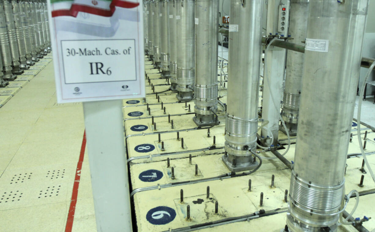 FILE - This photo released on Nov. 5, 2019, by the Atomic Energy Organization of Iran shows centrifuge machines in the Natanz uranium enrichment facility in central Iran.